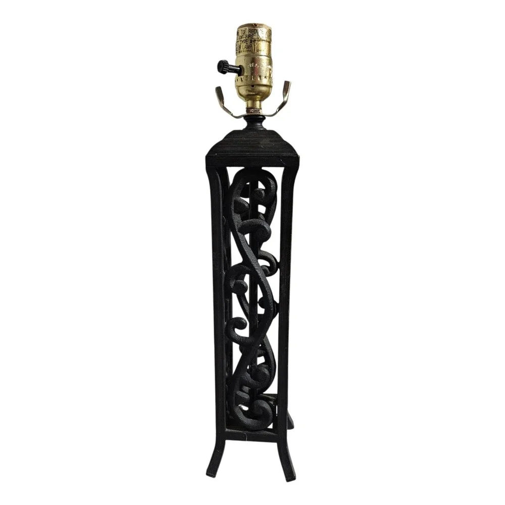 Vintage Black Wrought Iron Table Lamp Gothic Spanish Revival Scrollwork Design